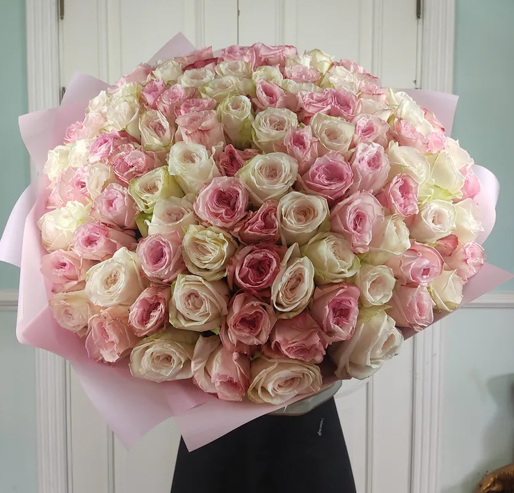 Букет из 101 белой и розовой пионовидной розы в оформлении