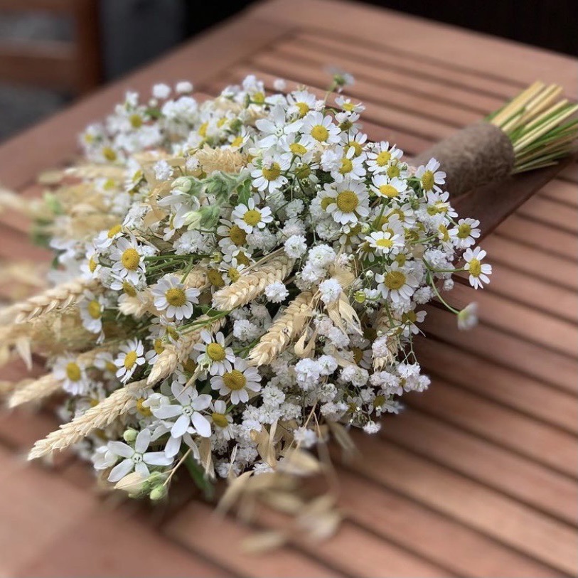 Букет невесты "Левия" из гипсофилы, ромашки и колосков