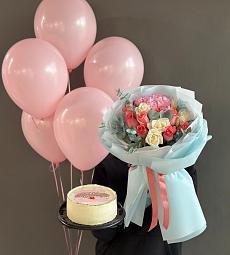 Сет "Ромео" стильный букет, нежные шарики и торт