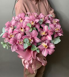 15 розовых орхидей с эвкалиптом в коробке