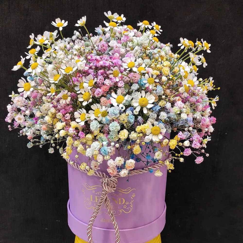 Композиция "Ричард" из ромашки и гипсофилы в коробке