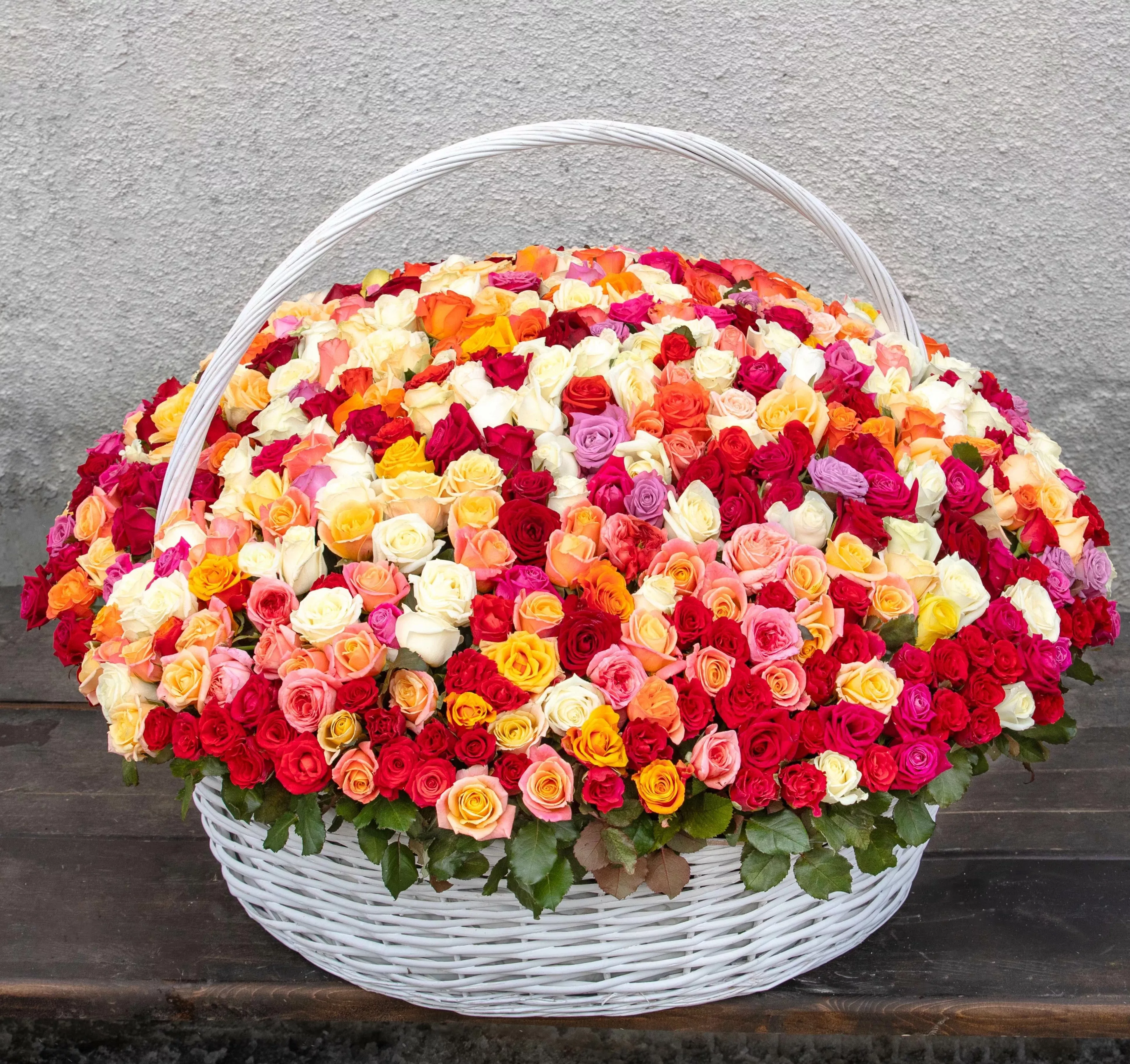 501 роза разного цвета в корзине 